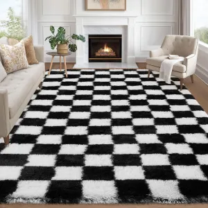 Area Rug 8x10 Classic Black & White Checkered Shaggy Rug Soft Fluffy Carpet for Living Room Bedroom Nursery