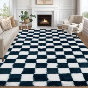 Area Rug 8x10 Classic Checkered Shaggy Rug Blue, Super Soft, Anti-Skid, High Pile, Fluffy Carpet for Bedroom, Living Room, Kids Room, Nursery, Dorm Home Decor