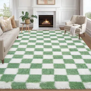 Checkered Rug 10x13 Thick Shag Washable Non-Slip Soft Plush Carpet Green White for Living Room Bedroom Home Decor