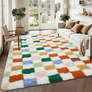 Washable Checkered 9x12 Area Rug for Living Room Colorful Modern Shag Rugs Thick Plush Fuzzy Rugs Non-Slip Large Plush Rug Soft Indoor Fuzzy Carpet Plush Fuzzy Rugs for Bedroom Home Aesthetic Decor