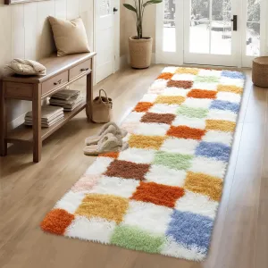 Checkered Runner Rug 2x6 Plush Fuzzy Rugs for Bedroom Hallway, Colorful Modern Shag Rug Super Soft Runner Carpet Washable Plush Fuzzy Rugs for Living Room Bedside Sofa Home Dorm Decor Aesthetic
