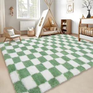 Plush Area Rug 4x6 Checkered Soft Fluffy Shaggy Carpet Indoor Floor Rug for Bedroom Living Room Green