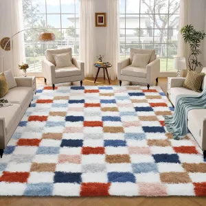 Plush Fuzzy 9x12 Area Rugs for Living Room, Washable Plush Checkered Rug for Bedroom, Modern Shag Rainbow Rugs Non Slip Soft Furry Large Carpet for Kids Room Nursery Home Decor