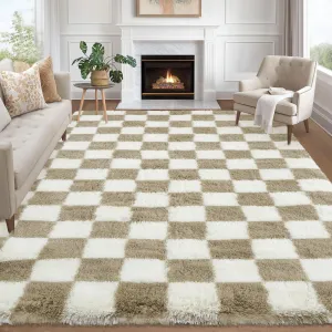 Area Rug 8x10 Classic Checkered Shaggy Rug Brown White Soft Fluffy Carpet for Living Room Bedroom Nursery