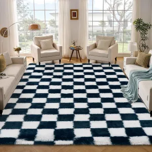 Checkered Rug 10x13 Blue White, Thick Shag Washable Non-Slip Large Area Rug for Living Room Bedroom Home Decor