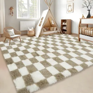 Fluffy Area Rug 5x8 Checkered Soft Plush Carpet for Bedroom Living Room Brown