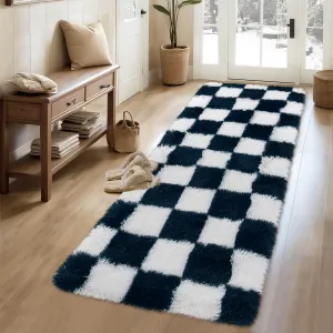 Plush Runner Rug 2x6 Premium Shaggy Checkered Rug Runners for Living Room Hallway Bedroom Bedside Navy Blue
