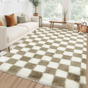 Checkered Rug 10x13 Brown White Thick Shag Washable Non-Slip Soft Plush Carpet for Living Room Bedroom Home Decor