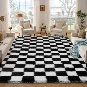 Plush Area Rug Fluffy Soft 4x6 Black & White Checkered Carpet Indoor Floor Rug for Bedroom Living Room