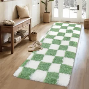 Plush Runner Rug 2x6 Premium Shaggy Checkered Green for Living Room Hallway Bedroom Kids Nursery