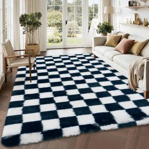 Fluffy Area Rug 5x8 Checkered Plush Soft Shaggy Carpet for Bedroom Living Room Kids Nursery, Blue