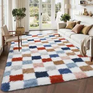 Plush Fuzzy 10x13 Area Rugs for Living Room, Washable Plush Checkered Rug for Bedroom, Modern Shag Rainbow Rugs Non Slip Soft Furry Large Carpet for Kids Room Nursery Home Decor