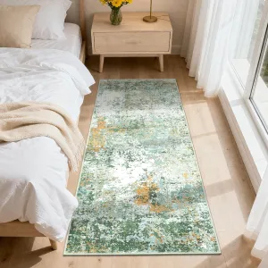 Modern Abstract Runner Rug - 2x6 Washable Carpet Runner for Hallways Non Skid Laundry Room Rug, Soft Non Slip Indoor Throw Runner for Kitchen Bedroom Bathroom, Green