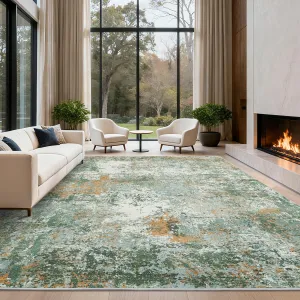 Modern Abstract 10x13 Area Rugs for Living Room, Large Washable Bedroom Rug, Low Pile, Non Slip, Green