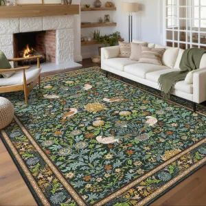 Washable Rug 9x12 Area Rug Floral Non Slip Soft Low Pile Stain Resistant Green for Bedroom Living Room Dining Nursery Office