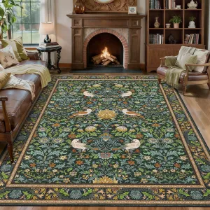Large Living Room Area Rug 8x10 Green - Machine Washable Floral Boho Non Slip Low Pile Carpet for Bedroom Nursery Classroom Dorm