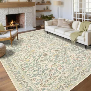 Washable Rug Beige 8x10 Floral Non Slip Low Pile Soft Stain Resistant Carpet for Living Room Bedroom Dining Room
