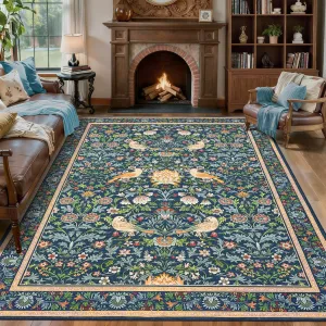 8x10 Area Rugs for Living Room: Floral Bird Washable Rug Large Vintage Rug for Bedroom Soft Boho Non-Slip Carpet Stain Resistant Carpets for Dining Room Farmhouse Nursery Office, Blue