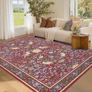 Washable Rug 5x7 Floral Non Slip Low Pile Soft Stain Resistant Carpet Beige for Living Room Bedroom Dining Nursery Office