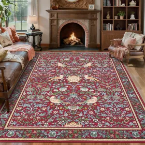 Washable Rugs 8x10 Floral Vintage Boho Area Rugs for Living Room Ultra Soft Low Pile Botanical Birds Print Non Slip Carpet Indoor Large Carpets for Nursery Home Office Farmhouse,Red