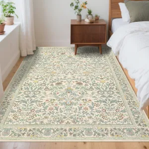 Washable Rugs 9x12 Area Rug Black for Bedroom Living Room Nursery Dining Room Office, Boho Floral, Non Slip, Soft, Stain Resistant