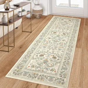 Washable 2x6 Runner Rug Non Slip Low Pile Floral Bird Design Beige for Kitchen Hallway Living Room Nursery