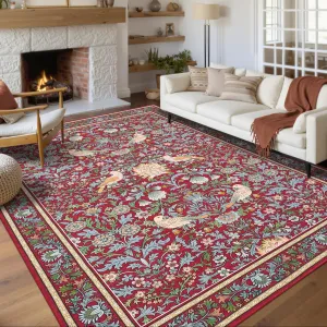 Vintage Bird Washable Rugs Red 9x12 Rug for Living Room Floral Bedroom Rug Modern Large Area Rug Non Slip Throw Rugs Soft Low Pile Stain Resistant Carpet for Dorm Dining Room Dorm