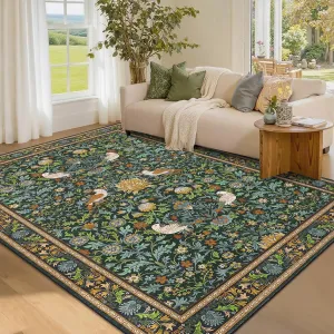 Washable Area Rugs 5x7 Rug for Living Room Boho Floral Non Slip Large Area Rug for Bedroom Decor Modern Low Pile Stain Resistant Carpet 5'x7' Green