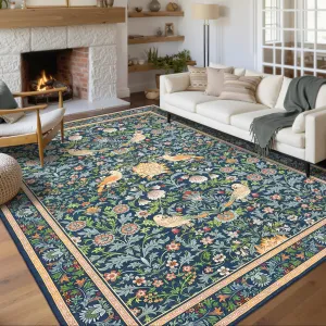 Washable Rug 9x12 Floral Non Slip Low Pile Soft Pearl Velvet Area Rug for Living Room Bedroom Nursery Dining Room
