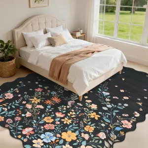 Large Floral 9x12 Area Rugs Soft Washable Non Slip Backing for Living Room Bedroom Nursery Black