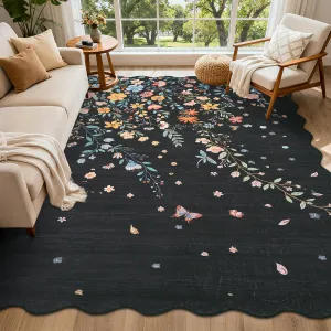 Floral Washable Scalloped Rugs 8x10 Non-Slip Soft Black Area Rugs for Living Room, Low Pile Stain Resistant
