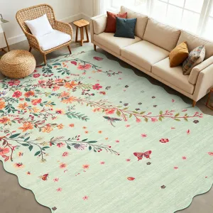 Floral Washable Scalloped Rugs for Living Room 5x7 Green Area Rugs with Non Slip Backing
