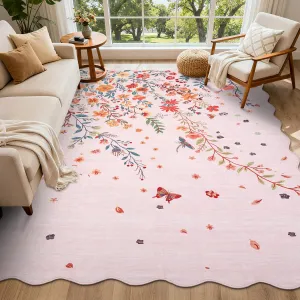 Floral Washable Scalloped Rugs for Living Room 5x7 Pink Area Rugs with Non Slip Backing