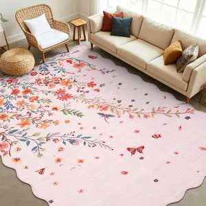 Large Floral Area Rugs 10x13 Pink Non Slip Washable Scalloped Low Pile Stain Resistant for Living Room Bedroom Nursery Dining Room Playroom