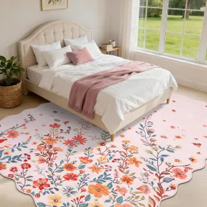Large Floral 9x12 Area Rugs for Living Room Bedroom, Soft Washable Scalloped Rugs with Non Slip Backing, Pink