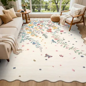 Floral Washable Scalloped Rugs 8x10 Non-Slip Soft Beige Area Rugs for Living Room, Dining Room, Home Office