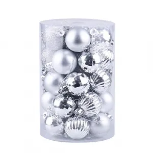 34 Pieces Shatterproof Christmas Ornaments Set, Christmas Decorations 1.57 Inch Silver Plastic Ball Decor for Xmas Tree, Christmas Balls Indoor Outdoor Holiday Party Wedding Decoration, Silver