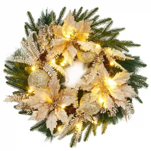 24 Inch Christmas Wreath for Front Door, Pre-Lit Xmas Wreath with Gold Ball Ornaments, Artificial Flower Leaves, Artificial Christmas Wreath for Windows, Wall, Mantel Decoration