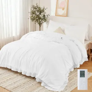 Heated Comforter Blanket King Size, Ruffle Electric Quilt with Wireless LCD Controller, Fast Heating & Overheat Protection, ETL Certified, Machine Washable, White, 104"x90"