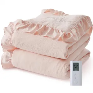 Heated Comforter Blanket Queen Size, Dual-zone Heating, Ruffle Electric Quilt with Wireless LCD Controller, Fast Heating & Overheat Protection, ETL Certified, Machine Washable, Pink, 90"x90"