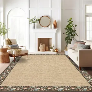6x9 Area Rug Living Room Rugs, Washable Large Modern Minimalist Non Slip Under Table Carpet for Dining Room Soft Low Pile Stain Resistant Floral Floor Cover for Home Office, Brown Bordered