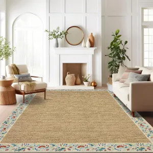 5x7 Living Room Rugs, Washable Minimalist Area Rug for Bedroom Soft Non Slip Floral Bordered Carpet Stain Resistant Indoor Modern Floor Cover for Dining Room Kitchen, Beige