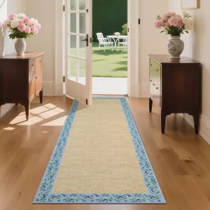 Washable Kitchen Rugs - 2x6 Minimalist Non Slip Hallway Runner Floral Bordered Low Pile Throw Carpet Indoor Modern Entryway Mat for Bedside Bedroom Laundry, Light Blue