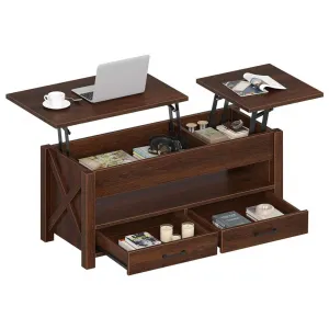 Coffee Table, 47.2" Lift Top Coffee Table with 2 Storage Drawers and Hidden Compartment, X Wood Farmhouse Support, Retro Center Table with Lift Tabletop for Living Room, Walnut Color