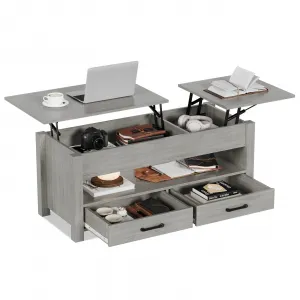 Coffee Table Lift Top, Convertible Coffee Table with Wooden Lift Tabletop, 2 Drawers and Hidden Compartment, Central Table with Storage for Living Room Home Office, Gray