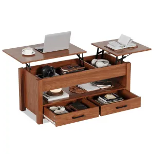Lift Top Coffee Table with Storage, 2 Drawers & Hidden Compartment, Open Shelf, Smooth Metal Lift, for Living Room Home Office, Brown