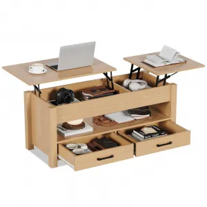 Coffee Table Lift Top, Convertible Coffee Table with Wooden Lift Tabletop, 2 Drawers and Hidden Compartment, Central Table with Storage for Living Room Home Office, Natural Wood
