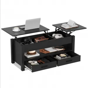 Coffee Table Lift Top, Convertible Coffee Table with Wooden Lift Tabletop, 2 Drawers and Hidden Compartment, Central Table with Storage for Living Room Home Office, Black