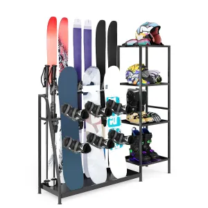 Freestanding Ski and Snowboard Rack with 3 Shelves for Entryway, Black