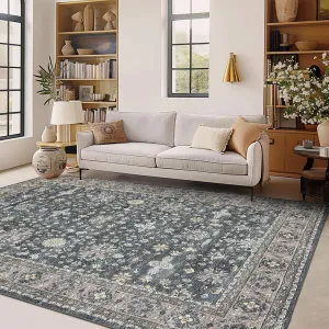 Washable Area Rugs Non-Slip Vintage Distress Large Rugs for Living Room Bedroom Dining Room Nursery Office Neutral Oriental Throw Thin Carpet